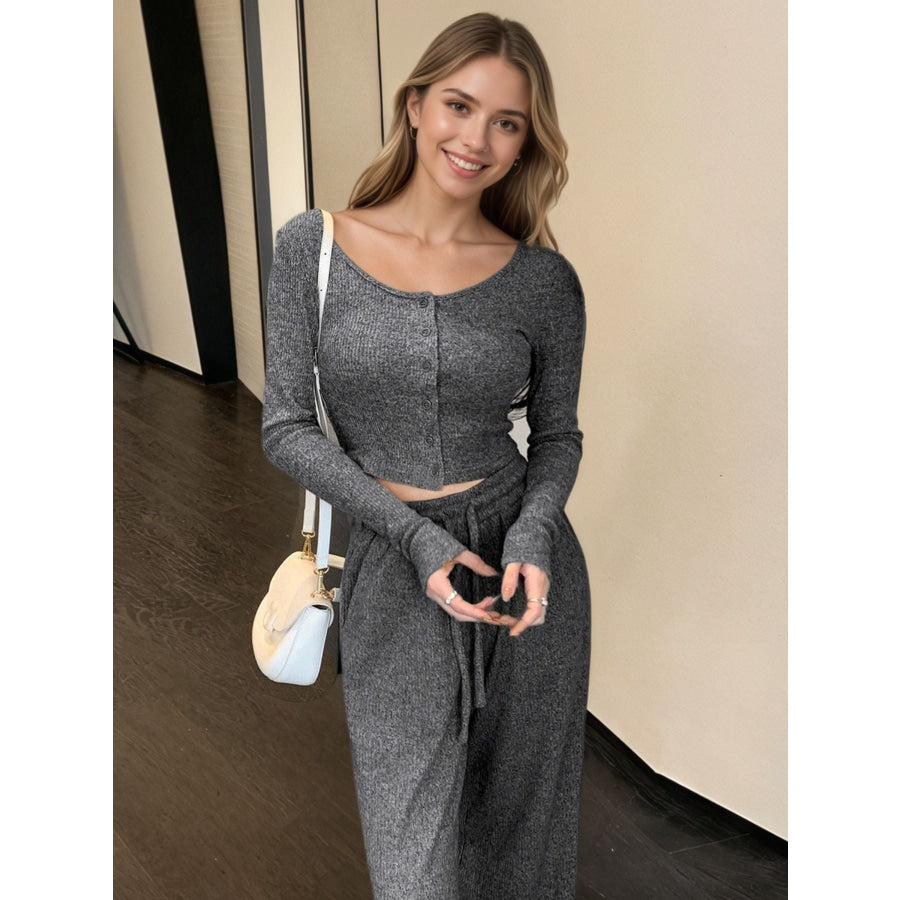 Casual Knit Long Sleeve Top and Wide Leg Pants Set Apparel and Accessories