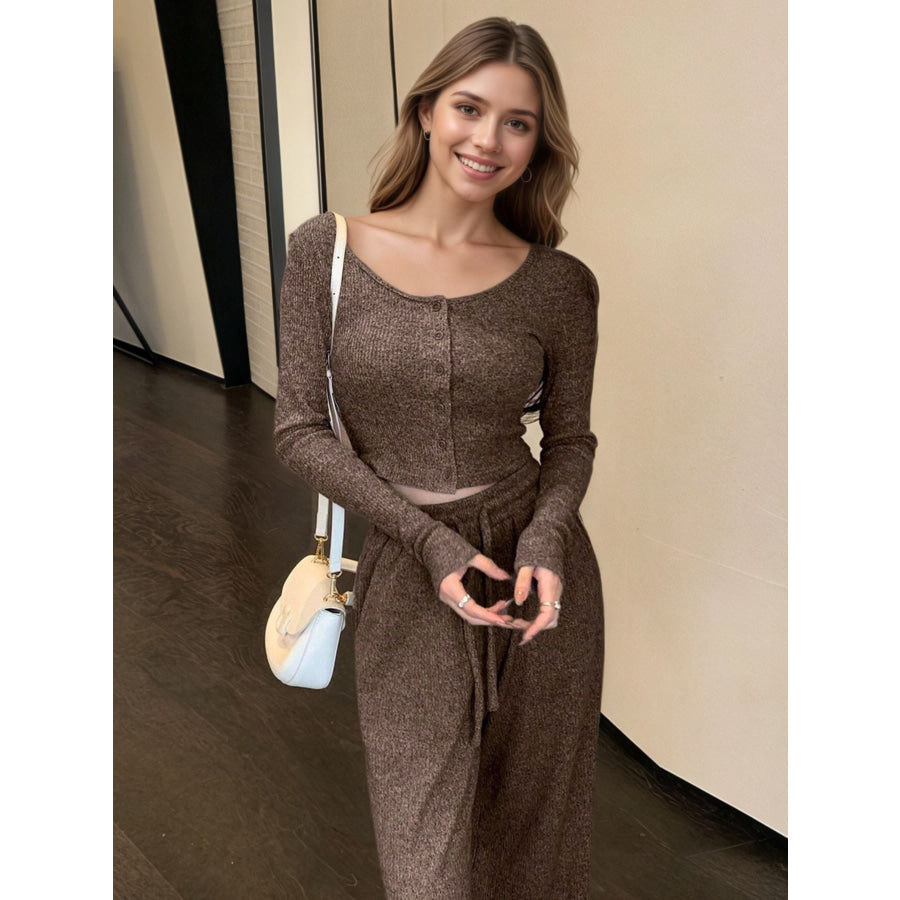 Casual Knit Long Sleeve Top and Wide Leg Pants Set Apparel and Accessories