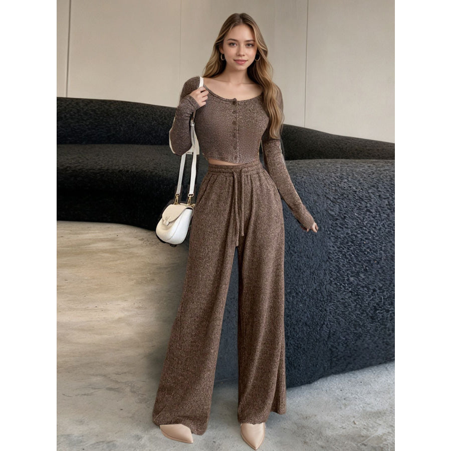 Casual Knit Long Sleeve Top and Wide Leg Pants Set Brown / S Apparel and Accessories