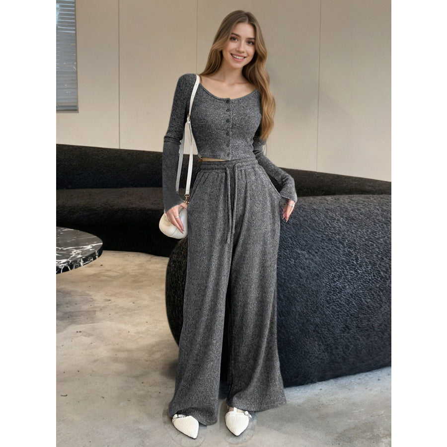 Casual Knit Long Sleeve Top and Wide Leg Pants Set Gray / S Apparel and Accessories