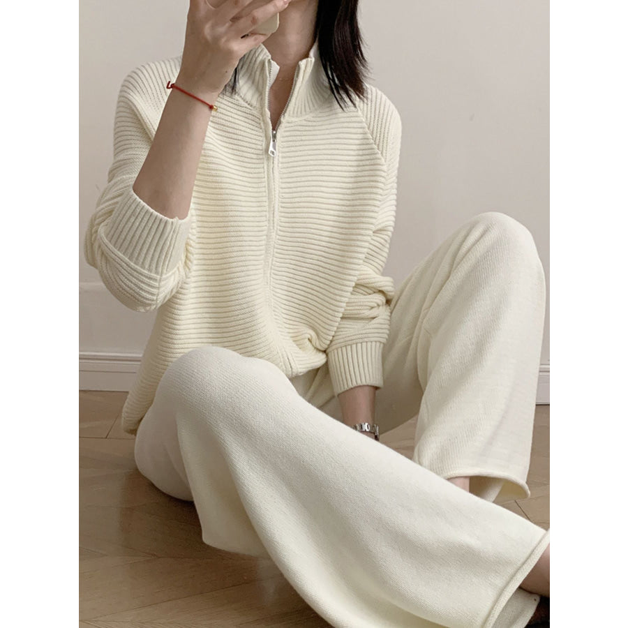 Casual Knit Zip-Up Cardigan and Wide-Leg Pants Set Apparel and Accessories