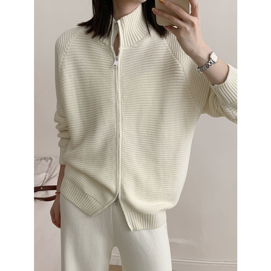 Casual Knit Zip-Up Cardigan and Wide-Leg Pants Set Off White / One Size Apparel and Accessories