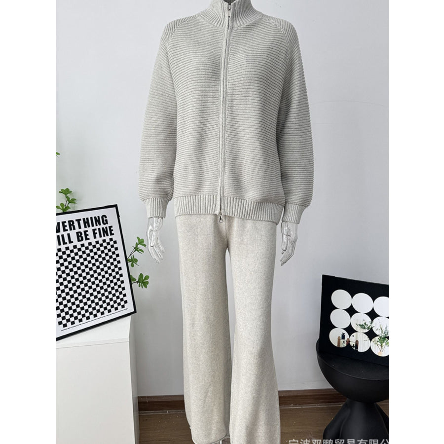 Casual Knit Zip-Up Cardigan and Wide-Leg Pants Set Apparel and Accessories