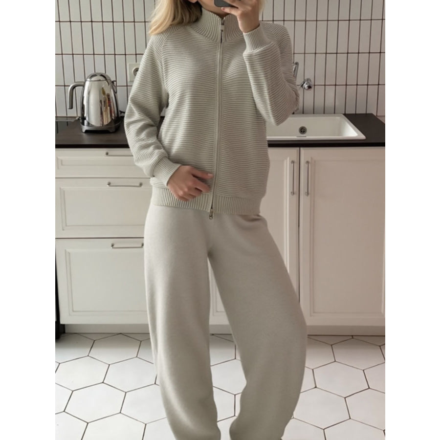 Casual Knit Zip-Up Cardigan and Wide-Leg Pants Set Apparel and Accessories
