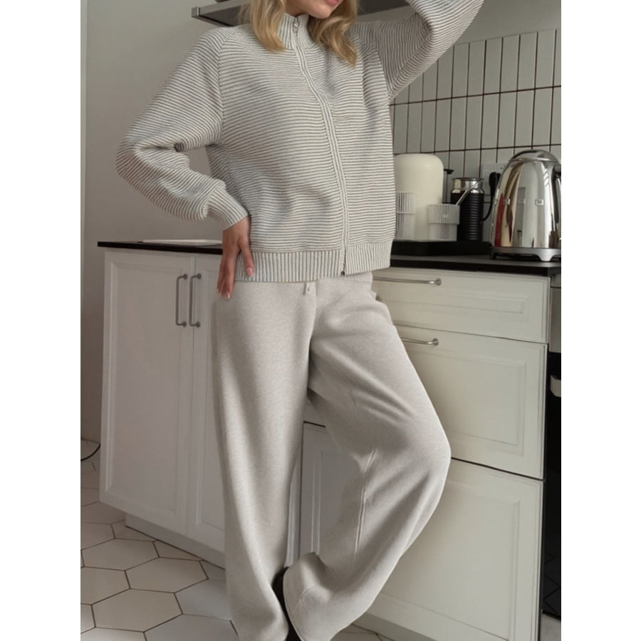 Casual Knit Zip-Up Cardigan and Wide-Leg Pants Set Light Gray / One Size Apparel and Accessories