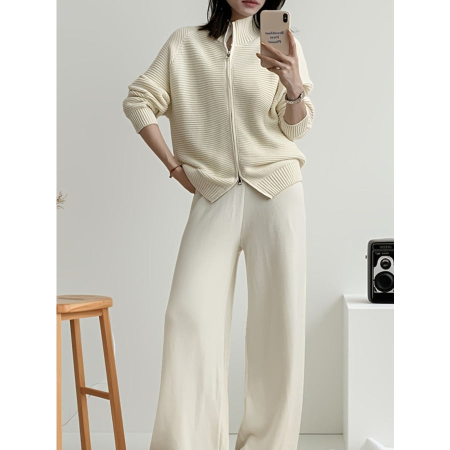 Casual Knit Zip-Up Cardigan and Wide-Leg Pants Set Off White / One Size Apparel and Accessories