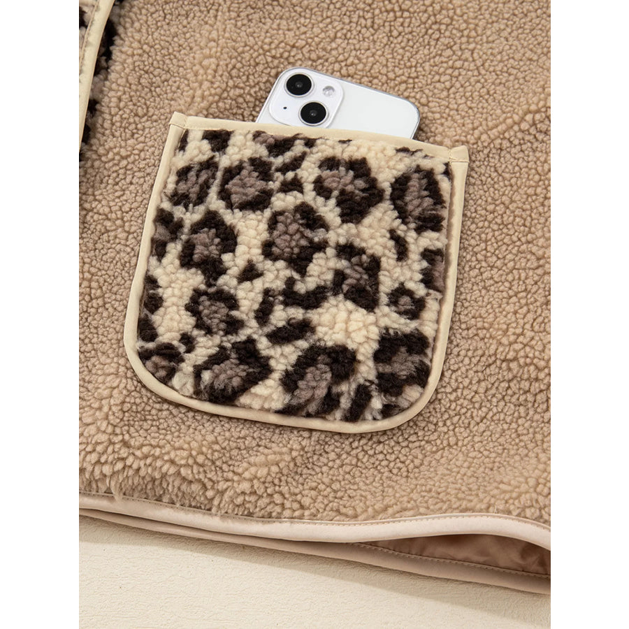 Casual Leopard Print Accent Plush Jacket with Pockets Apparel and Accessories