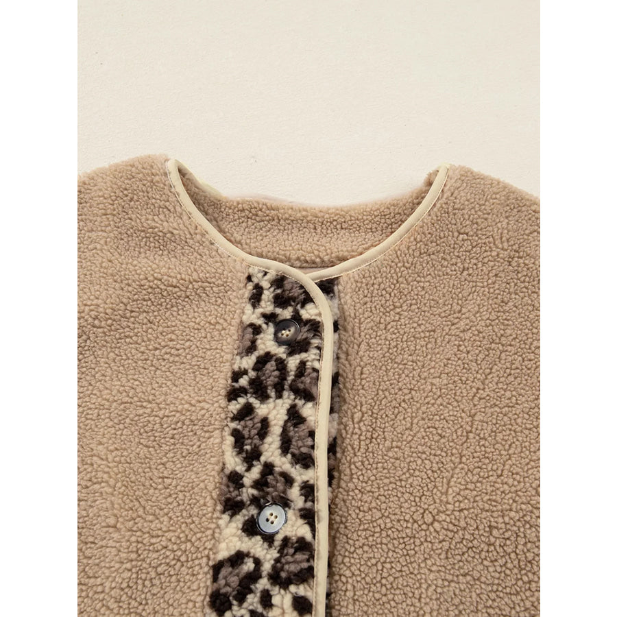 Casual Leopard Print Accent Plush Jacket with Pockets Apparel and Accessories