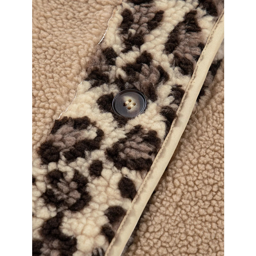 Casual Leopard Print Accent Plush Jacket with Pockets Apparel and Accessories