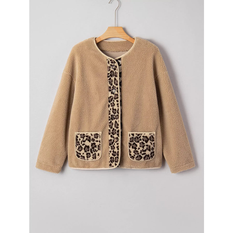Casual Leopard Print Accent Plush Jacket with Pockets Apparel and Accessories