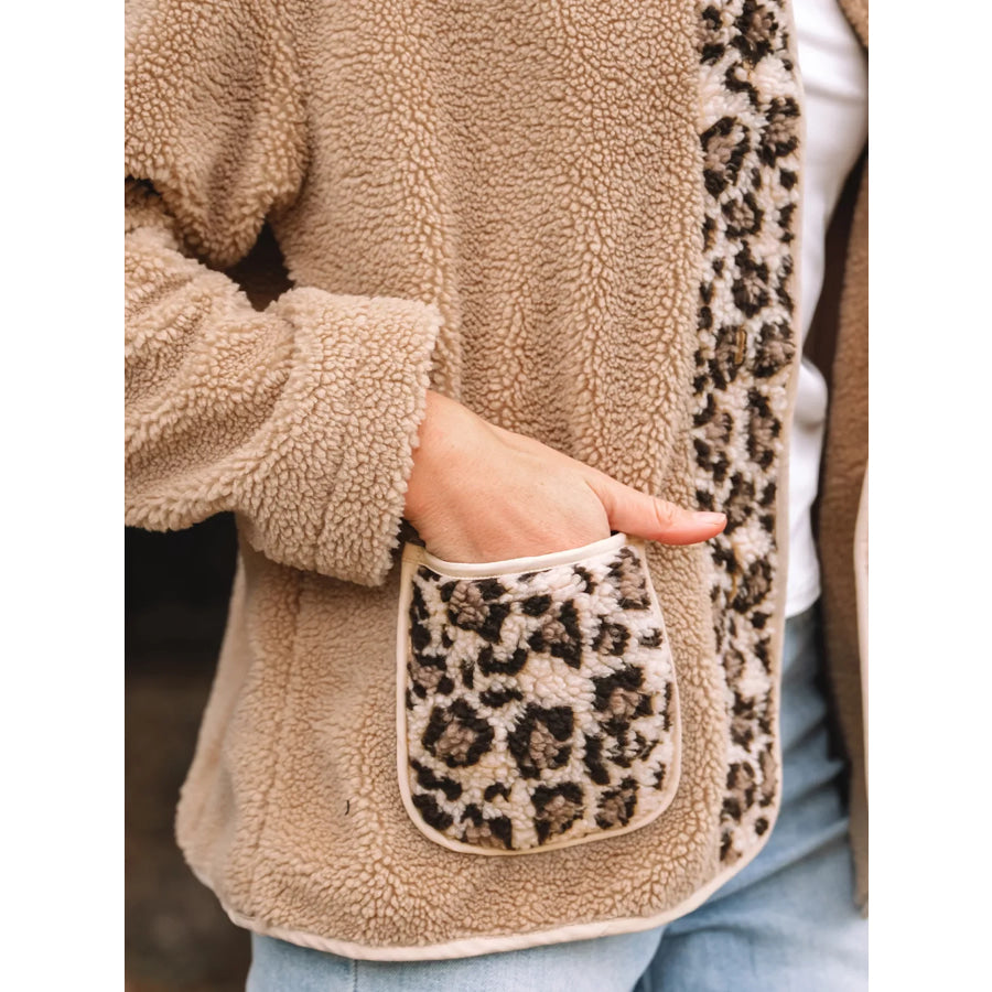 Casual Leopard Print Accent Plush Jacket with Pockets Apparel and Accessories