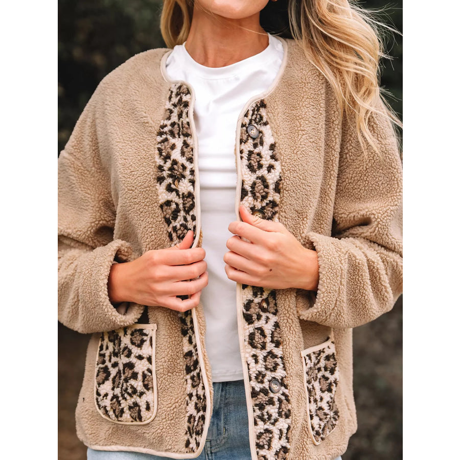 Casual Leopard Print Accent Plush Jacket with Pockets Apparel and Accessories
