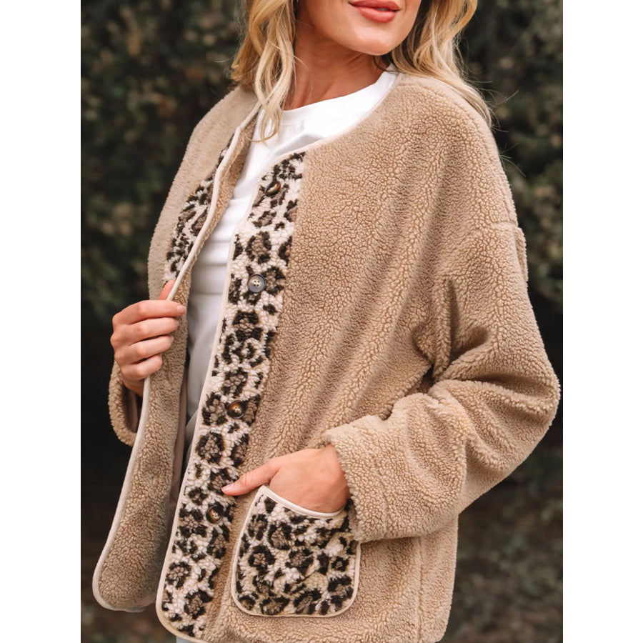 Casual Leopard Print Accent Plush Jacket with Pockets Apparel and Accessories