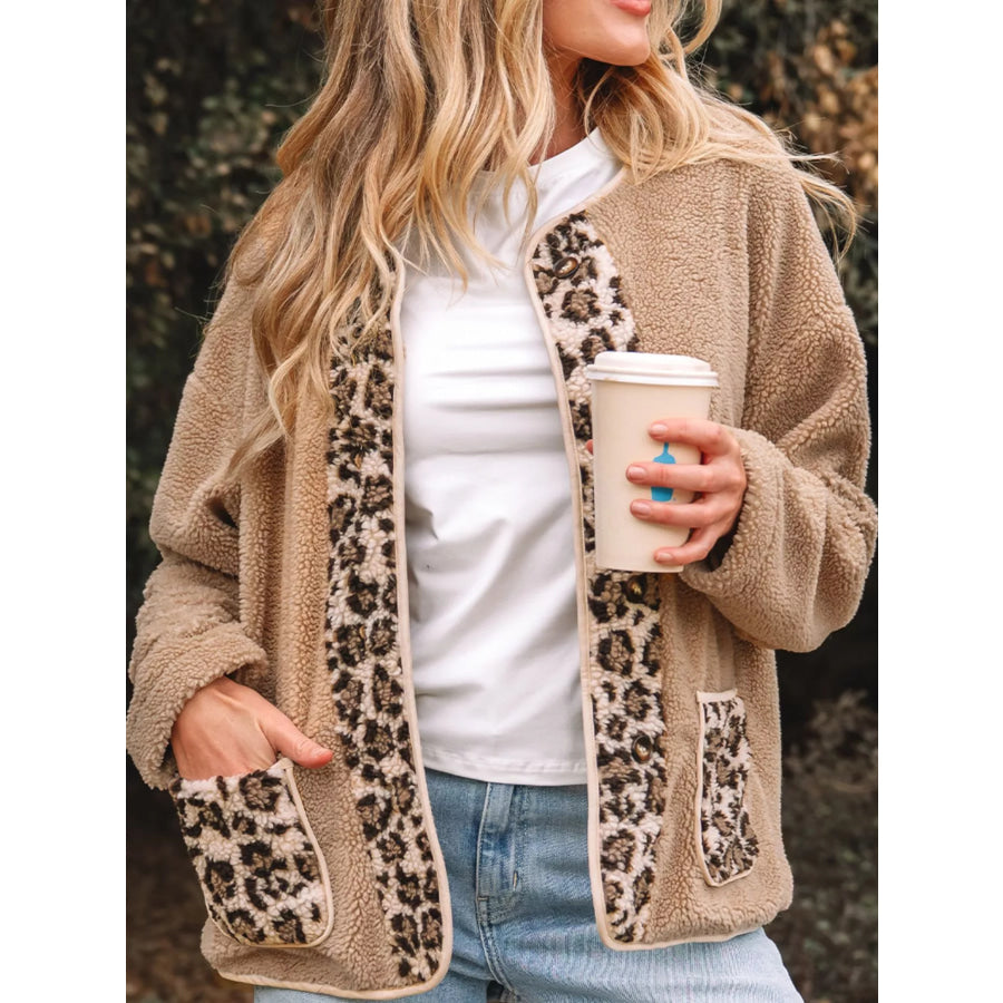 Casual Leopard Print Accent Plush Jacket with Pockets Apparel and Accessories