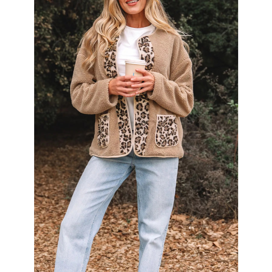 Casual Leopard Print Accent Plush Jacket with Pockets Apparel and Accessories