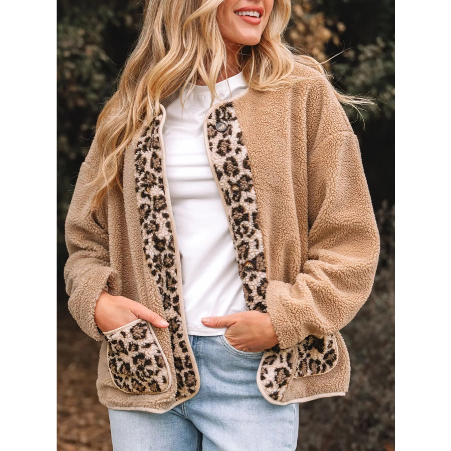 Casual Leopard Print Accent Plush Jacket with Pockets Camel / S Apparel and Accessories