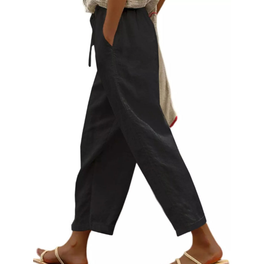 Casual Linen Drawstring Cropped Pants Black / S Apparel and Accessories