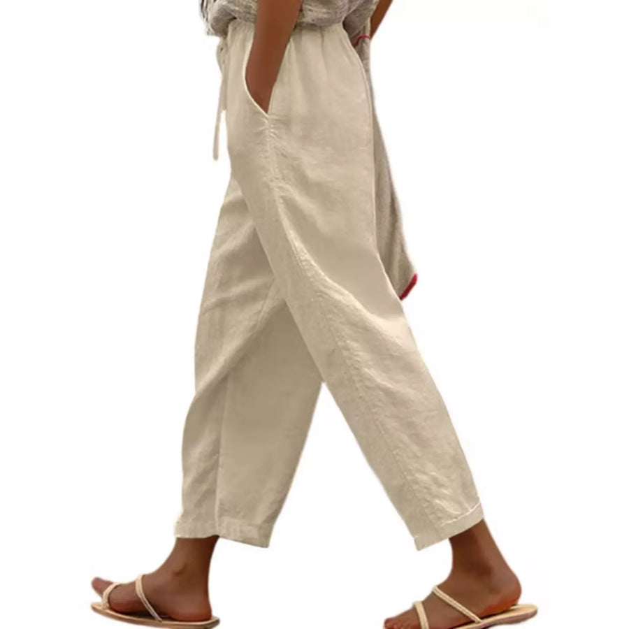 Casual Linen Drawstring Cropped Pants Tan / S Apparel and Accessories