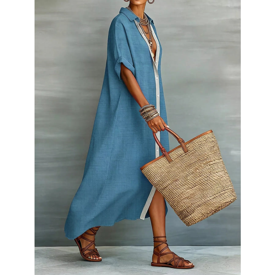 Casual Linen Shirt Dress with Button-Down Front Apparel and Accessories