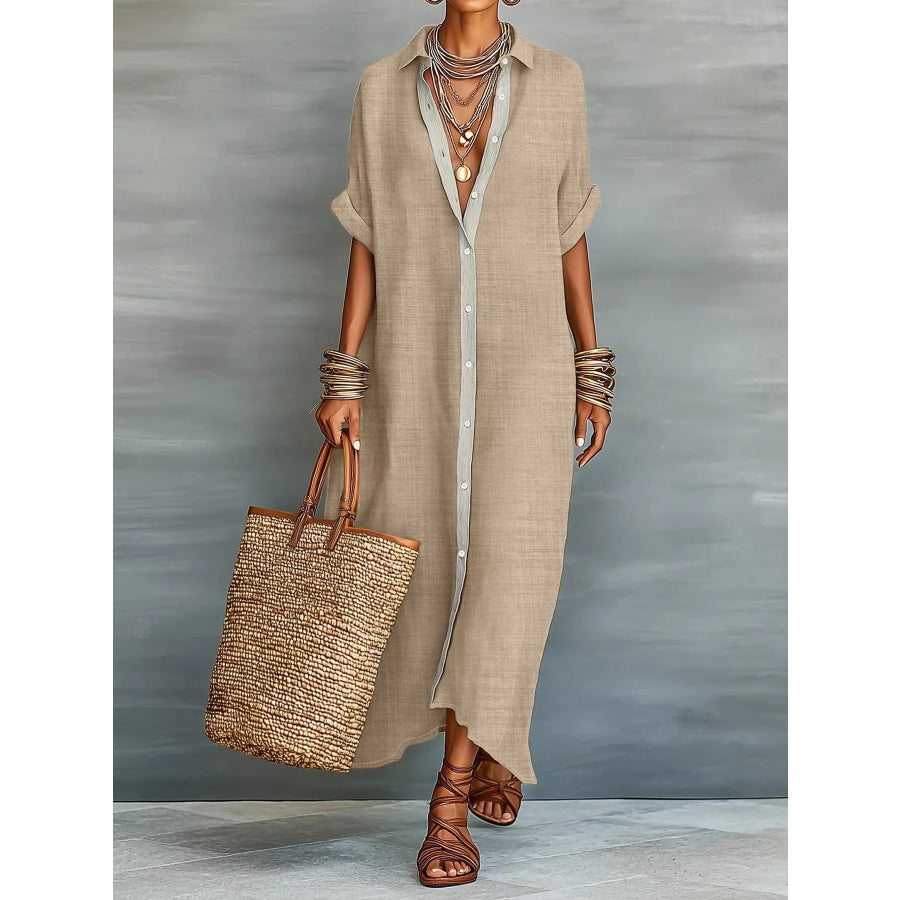 Casual Linen Shirt Dress with Button-Down Front Beige / S Apparel and Accessories