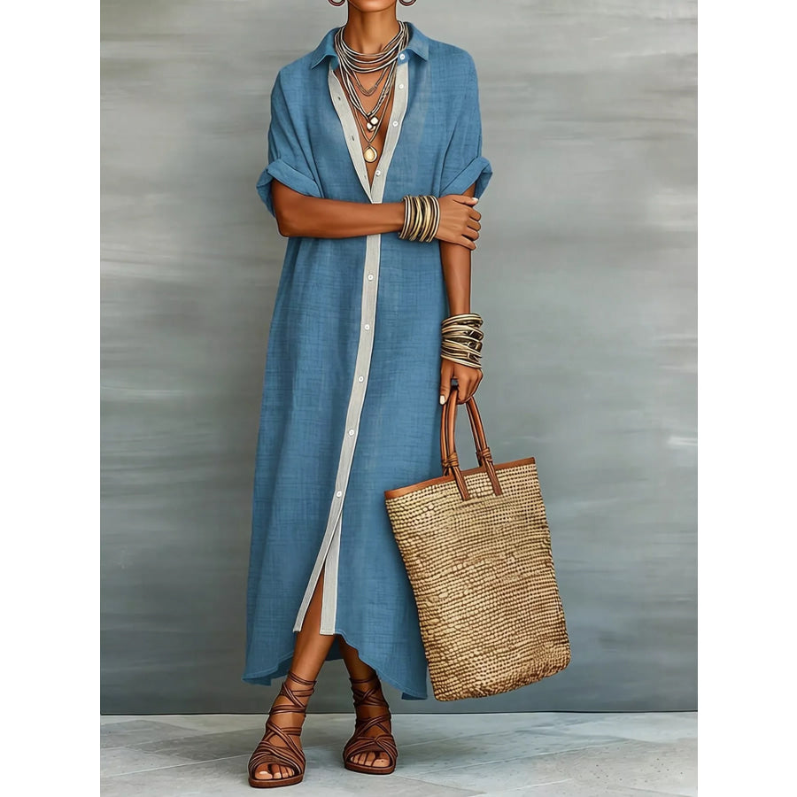 Casual Linen Shirt Dress with Button-Down Front Cerulean / S Apparel and Accessories