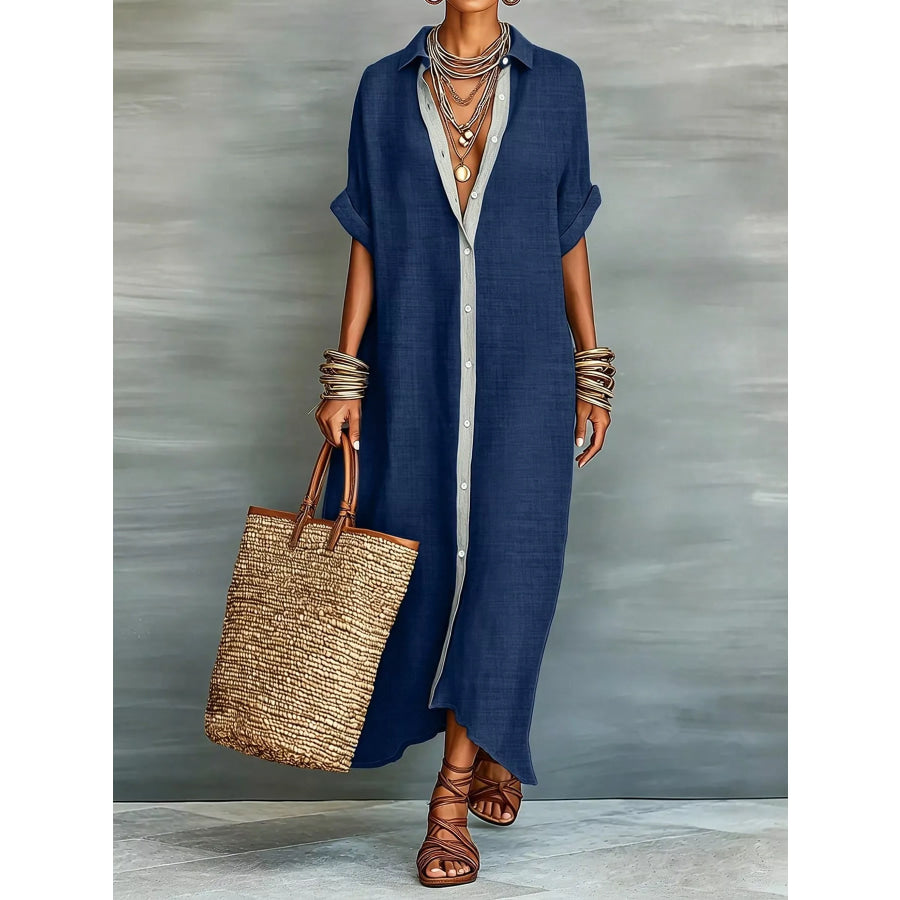 Casual Linen Shirt Dress with Button-Down Front Dark Navy / S Apparel and Accessories