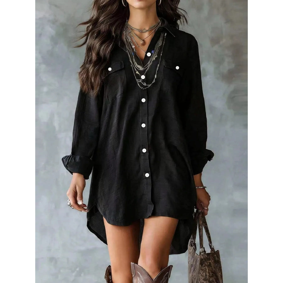 Casual Linen Shirt Dress with Pockets Black / XS Apparel and Accessories
