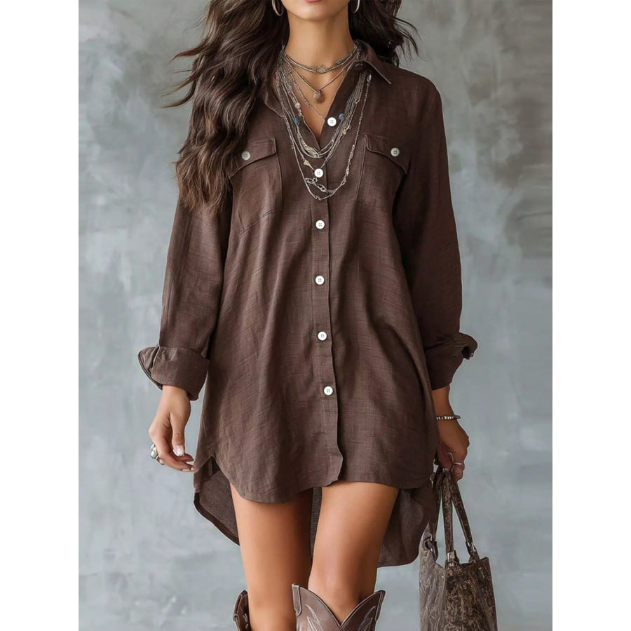 Casual Linen Shirt Dress with Pockets Brown / XS Apparel and Accessories
