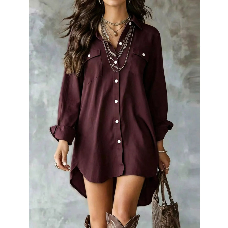 Casual Linen Shirt Dress with Pockets Burgundy / XS Apparel and Accessories