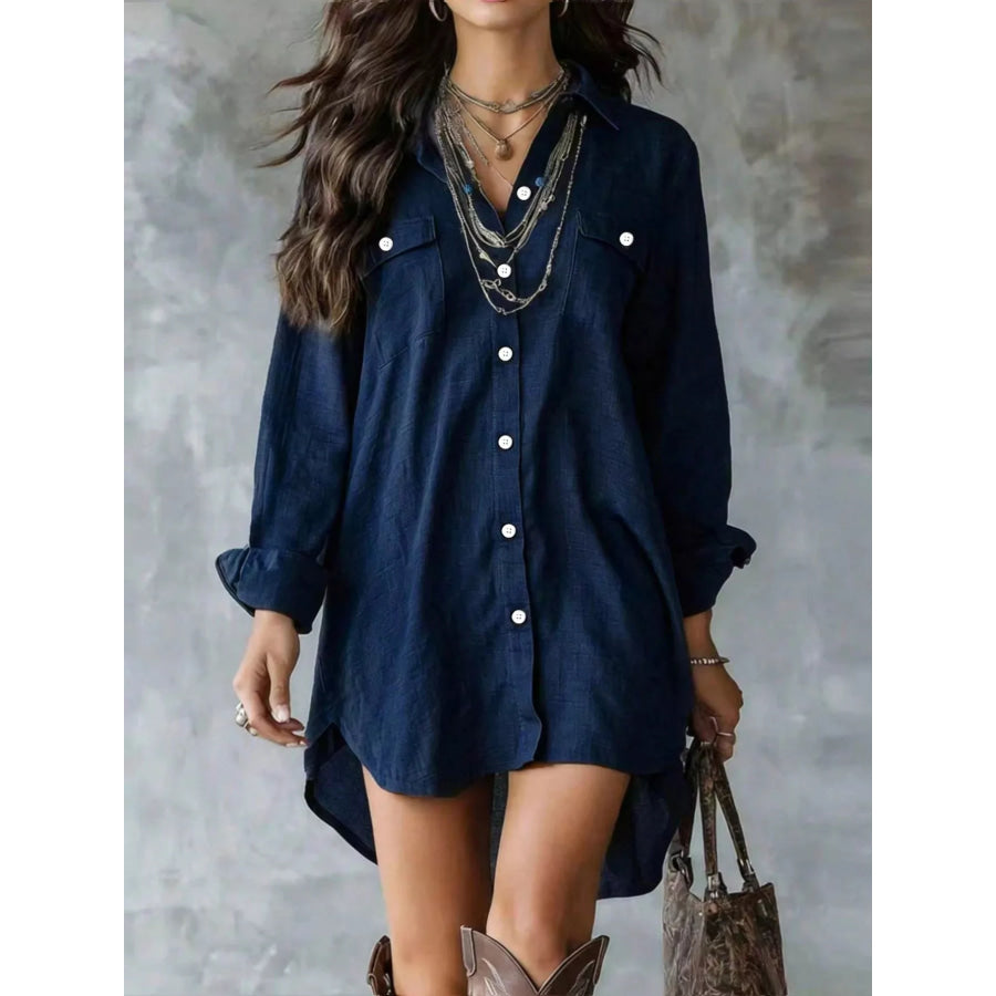 Casual Linen Shirt Dress with Pockets Navy / XS Apparel and Accessories