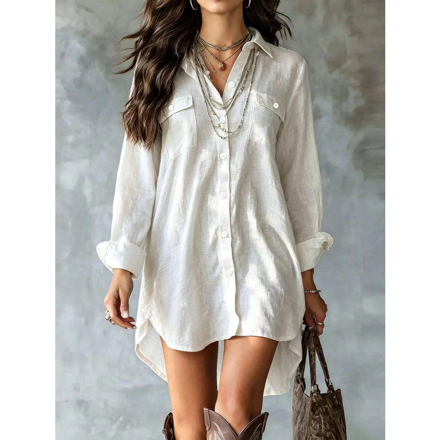 Casual Linen Shirt Dress with Pockets White / XS Apparel and Accessories