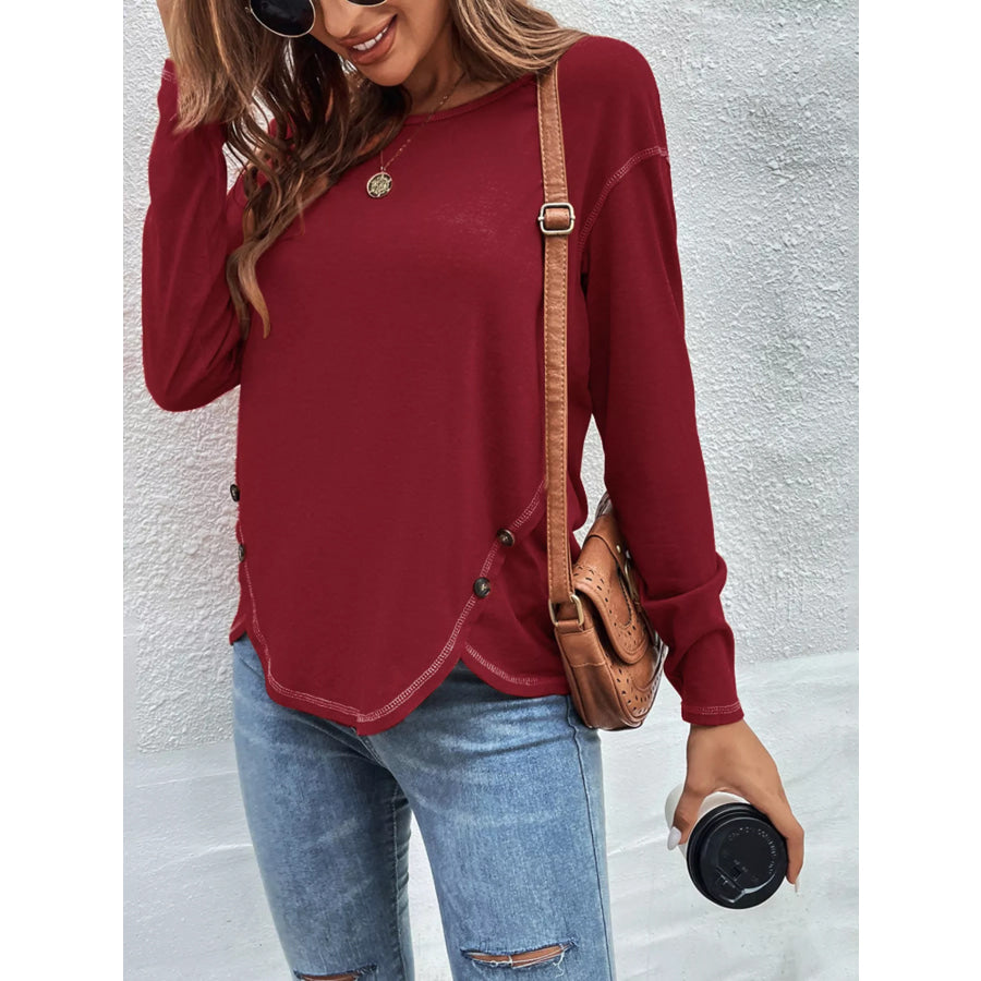 Casual Long Sleeve Exposed Seam T-Shirt with Decor Button Apparel and Accessories