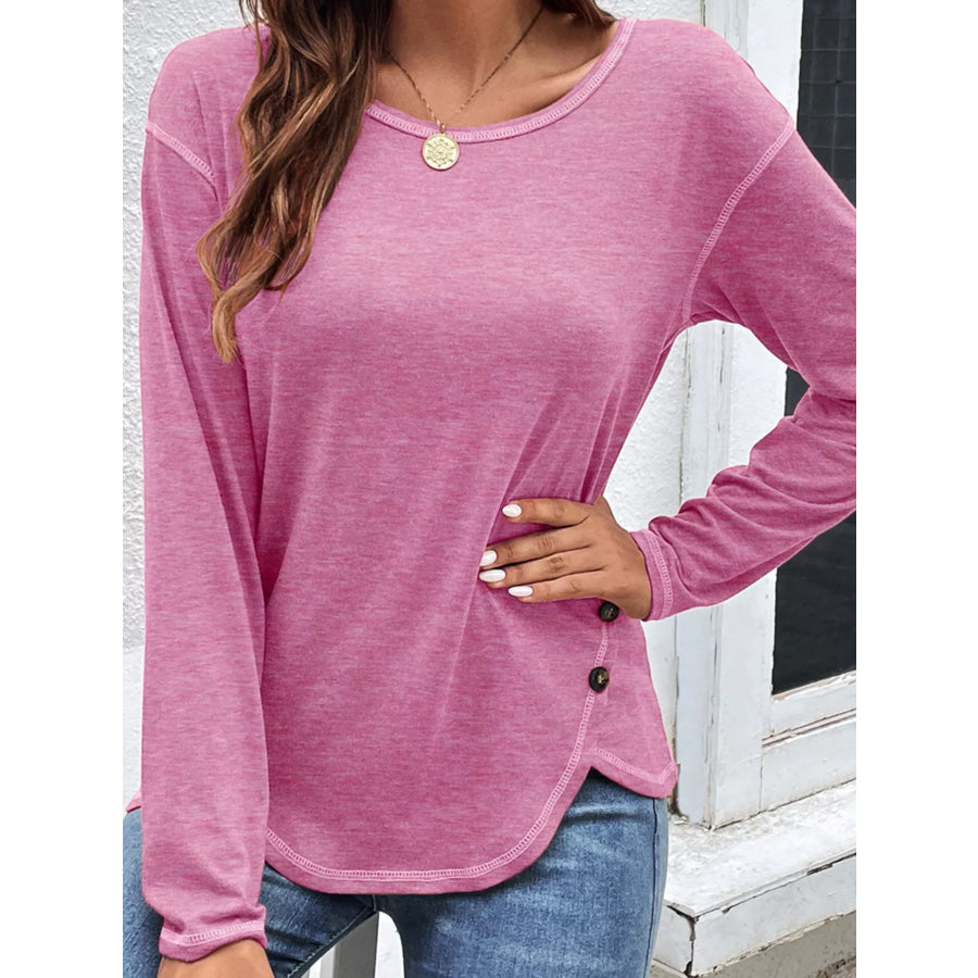 Casual Long Sleeve Exposed Seam T-Shirt with Decor Button Apparel and Accessories