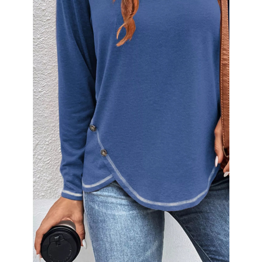 Casual Long Sleeve Exposed Seam T-Shirt with Decor Button Apparel and Accessories