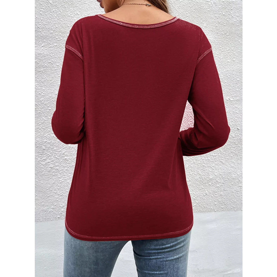 Casual Long Sleeve Exposed Seam T-Shirt with Decor Button Apparel and Accessories