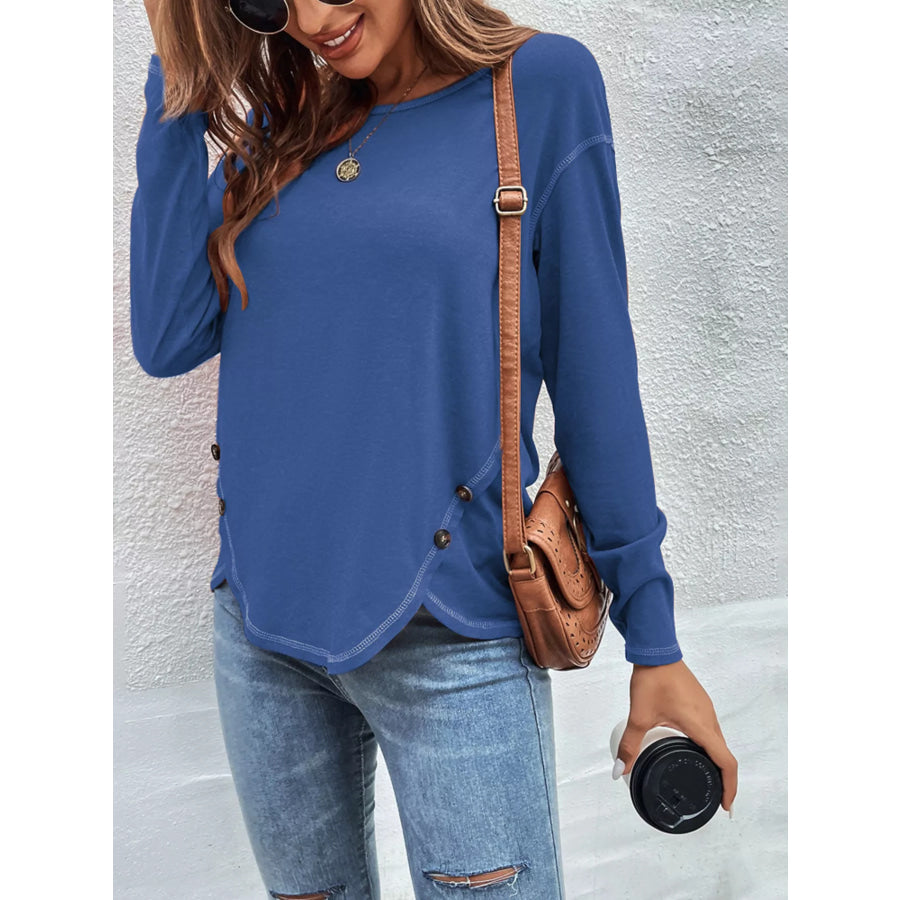 Casual Long Sleeve Exposed Seam T-Shirt with Decor Button Apparel and Accessories