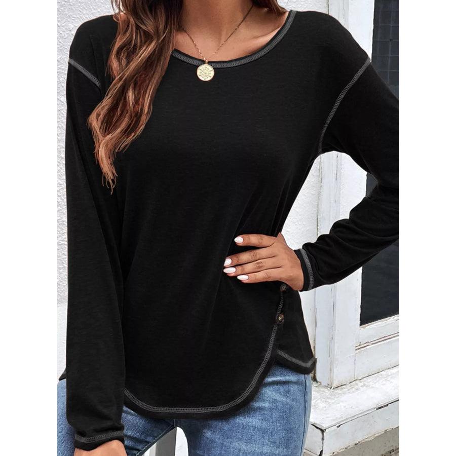 Casual Long Sleeve Exposed Seam T-Shirt with Decor Button Apparel and Accessories
