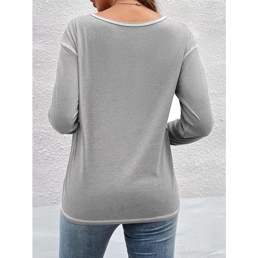 Casual Long Sleeve Exposed Seam T-Shirt with Decor Button Apparel and Accessories