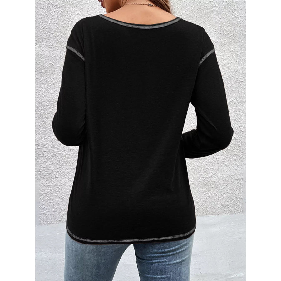 Casual Long Sleeve Exposed Seam T-Shirt with Decor Button Apparel and Accessories
