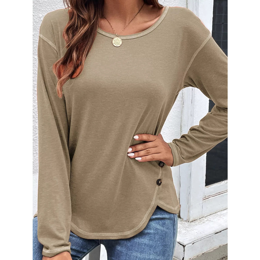 Casual Long Sleeve Exposed Seam T-Shirt with Decor Button Apparel and Accessories
