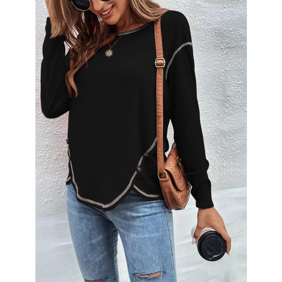 Casual Long Sleeve Exposed Seam T-Shirt with Decor Button Apparel and Accessories