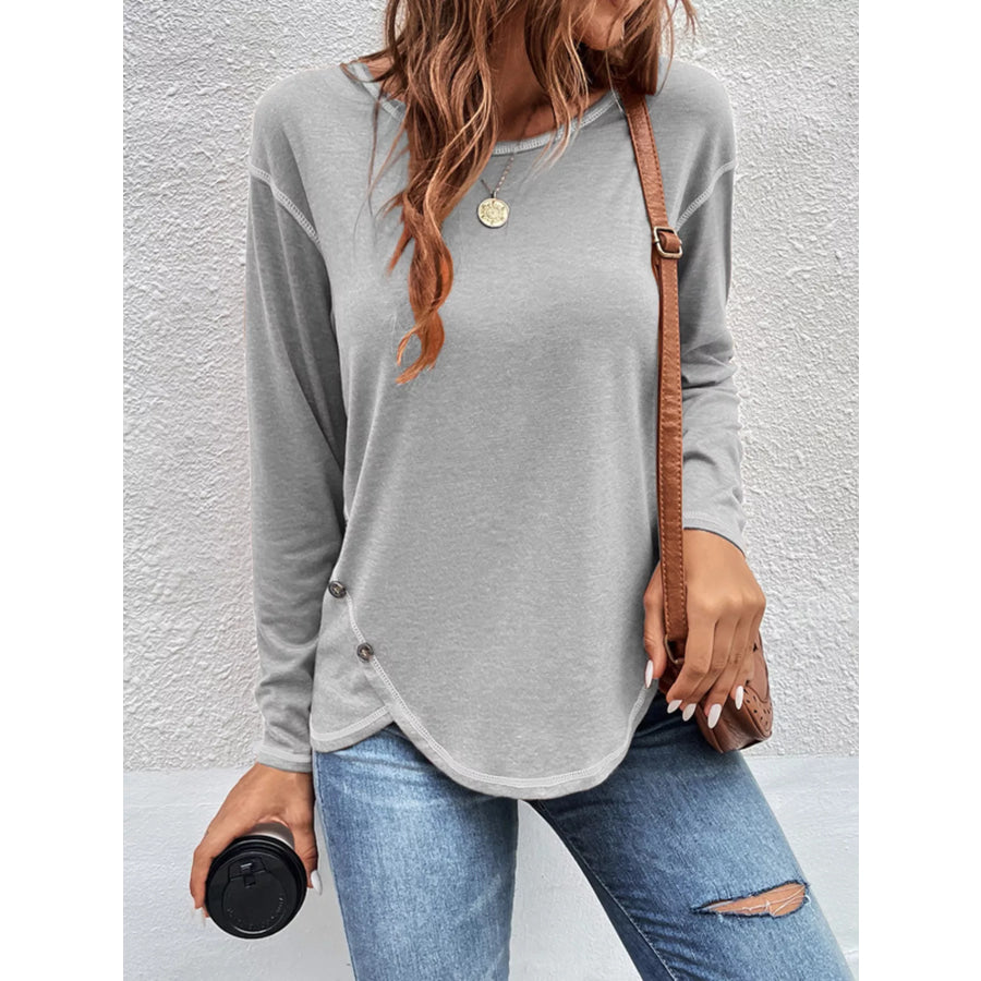 Casual Long Sleeve Exposed Seam T-Shirt with Decor Button Apparel and Accessories