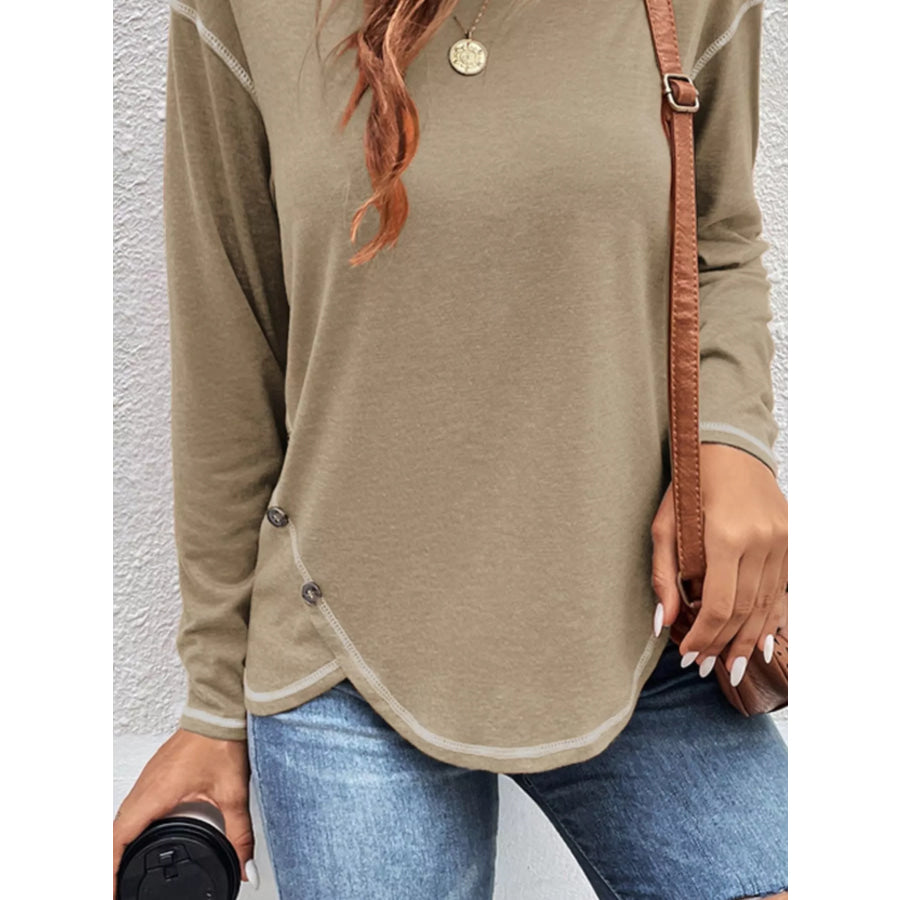 Casual Long Sleeve Exposed Seam T-Shirt with Decor Button Apparel and Accessories