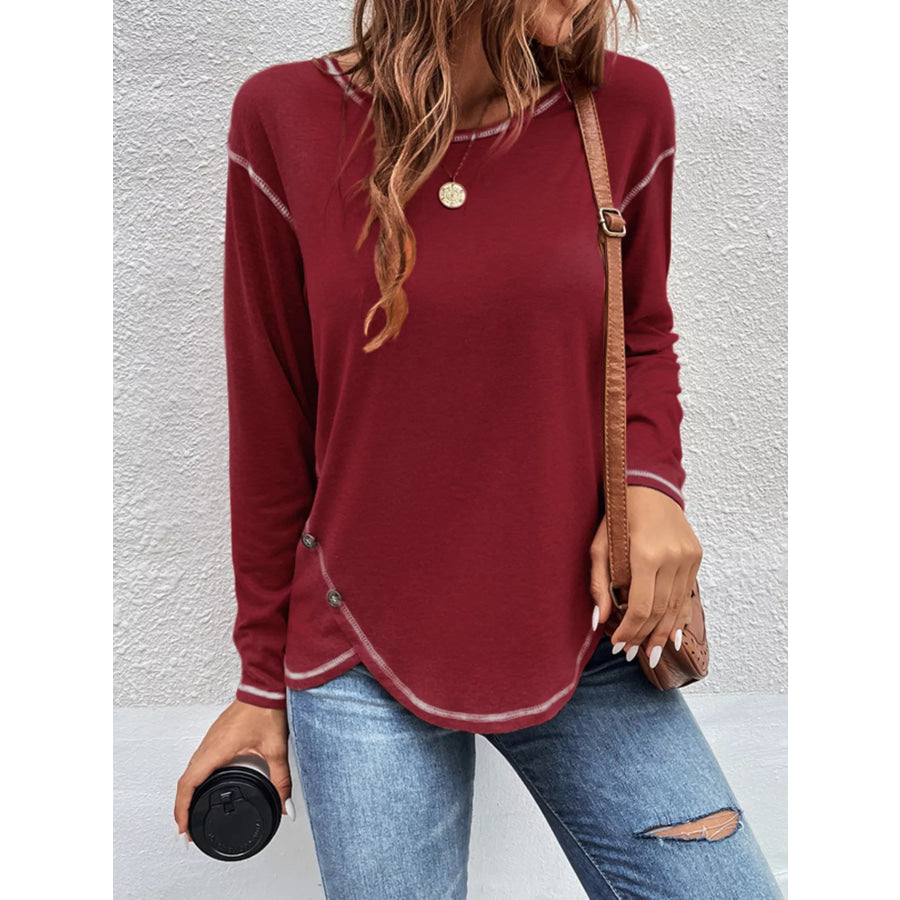 Casual Long Sleeve Exposed Seam T-Shirt with Decor Button Burgundy / S Apparel and Accessories