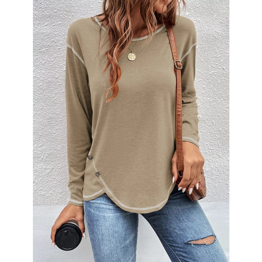 Casual Long Sleeve Exposed Seam T-Shirt with Decor Button Khaki / S Apparel and Accessories