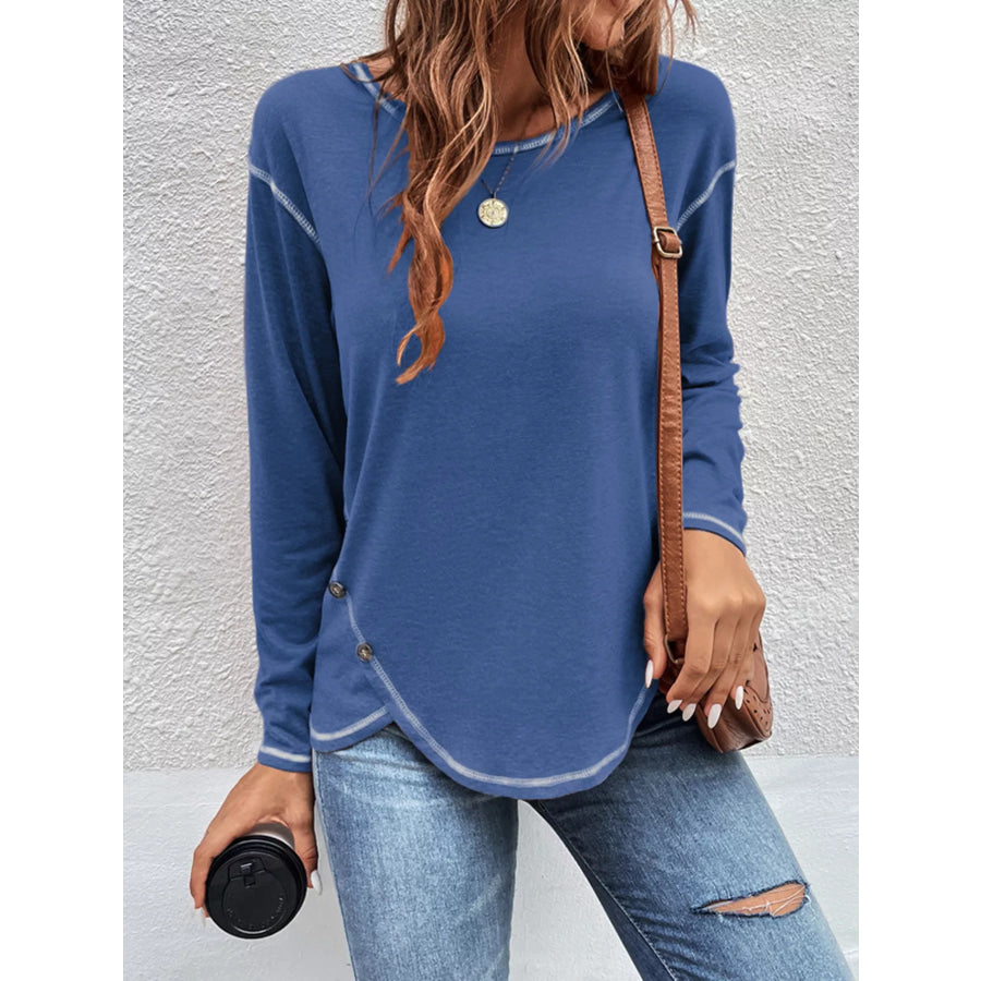 Casual Long Sleeve Exposed Seam T-Shirt with Decor Button Navy / S Apparel and Accessories