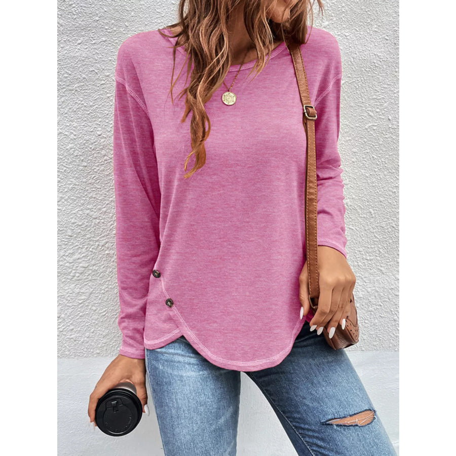Casual Long Sleeve Exposed Seam T-Shirt with Decor Button Pink / S Apparel and Accessories
