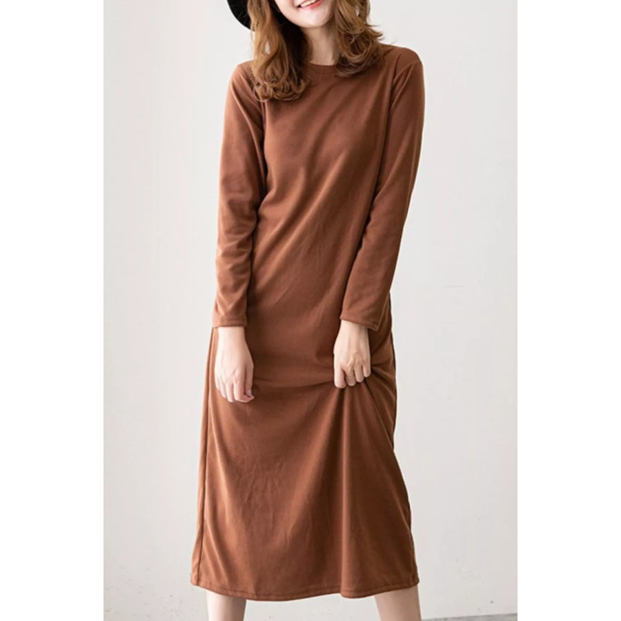 Casual Long Sleeve Midi Dress Khaki / M Apparel and Accessories