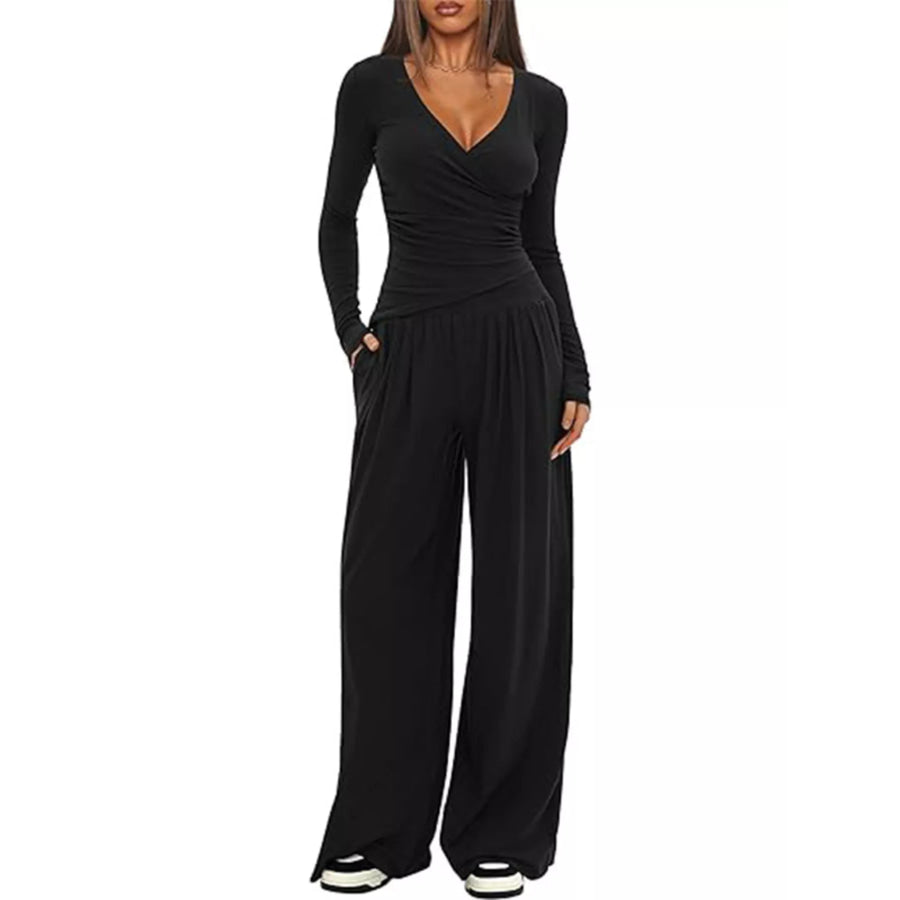 Casual Long Sleeve Top and Pants Two-Piece Set Black / S Apparel and Accessories