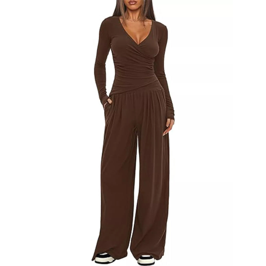 Casual Long Sleeve Top and Pants Two-Piece Set Brown / S Apparel and Accessories